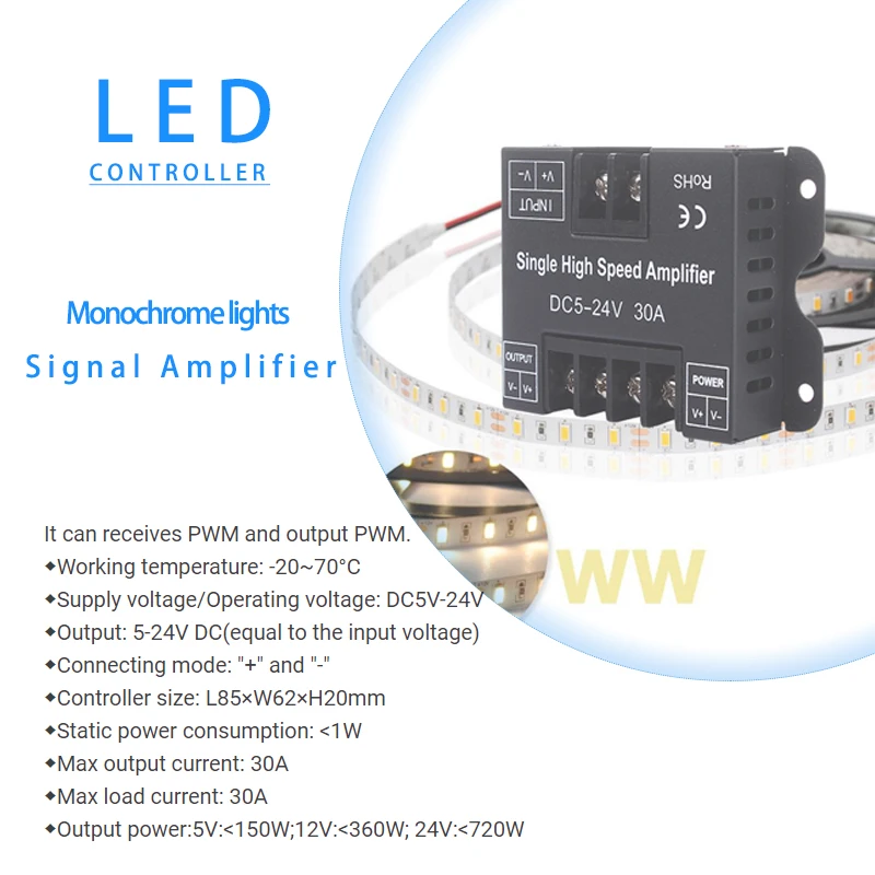 Single Color LED Dimmer PWM Lamps Controller Signal Amplifier DC 5V 12V 24V 30A Repeater Expander for 5050 2835 COB Strip Lights