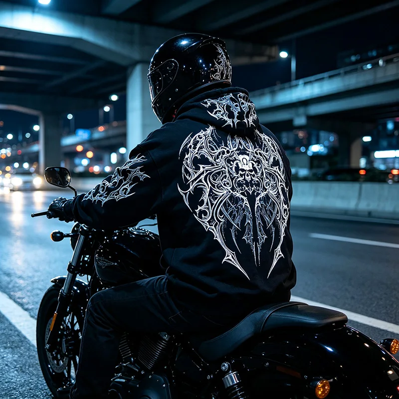 Men Alt Gothic Zip Up Hoodie Y2k High Street American Style Dark Thorn Print Fleece Lined Loose Biker Fall Winter Sweatshirt