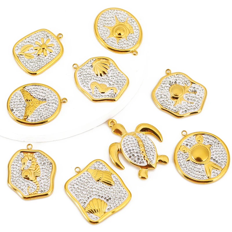 

2pcs Stainless Steel Inlay White Rhinestone Ocean Tortoise Seahorse Women Charm for DIY Necklace Earring Jewelry Making Supplies