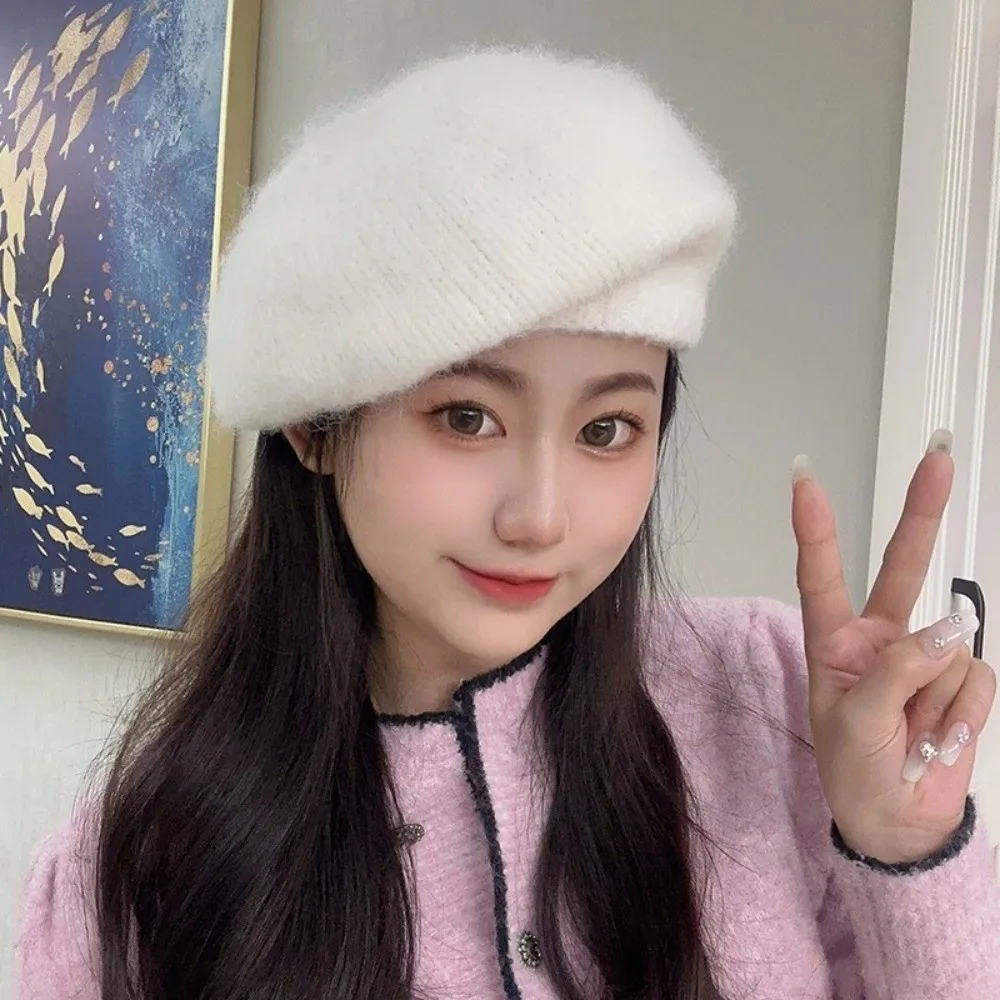 

Artist Hat Mohair Knitted Beret Hat Solid Color Fluffy Wool Painter Hat Korean Harajuku Knitted Octagonal Cap Streetwear