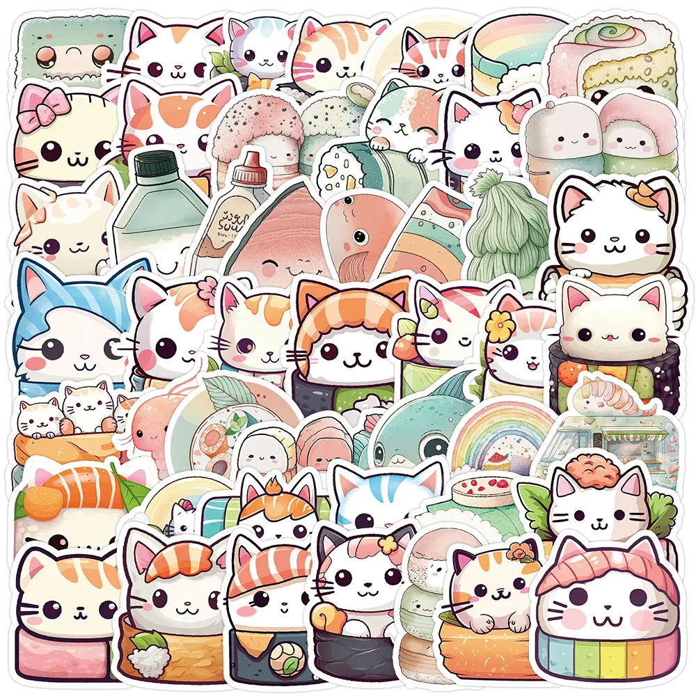 

10/30/50pcs Kawaii Cat Sushi Cartoon Stickers Cute Sticker for Kids Toy Phone Water Bottle Refrigerator Fun Graffiti Decal Decor