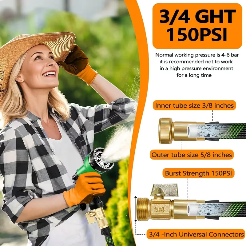 Upgraded Version of 100 Foot Non Retractable Garden Hose, Equipped with 10 Spray Mode Nozzles, lightweight and Flexible, anti Winding, with 3/4 inch Brass Joint, Explosion-Proof and Durable, Suitable for Outdoor Courtyards, Lawns and Car Washes