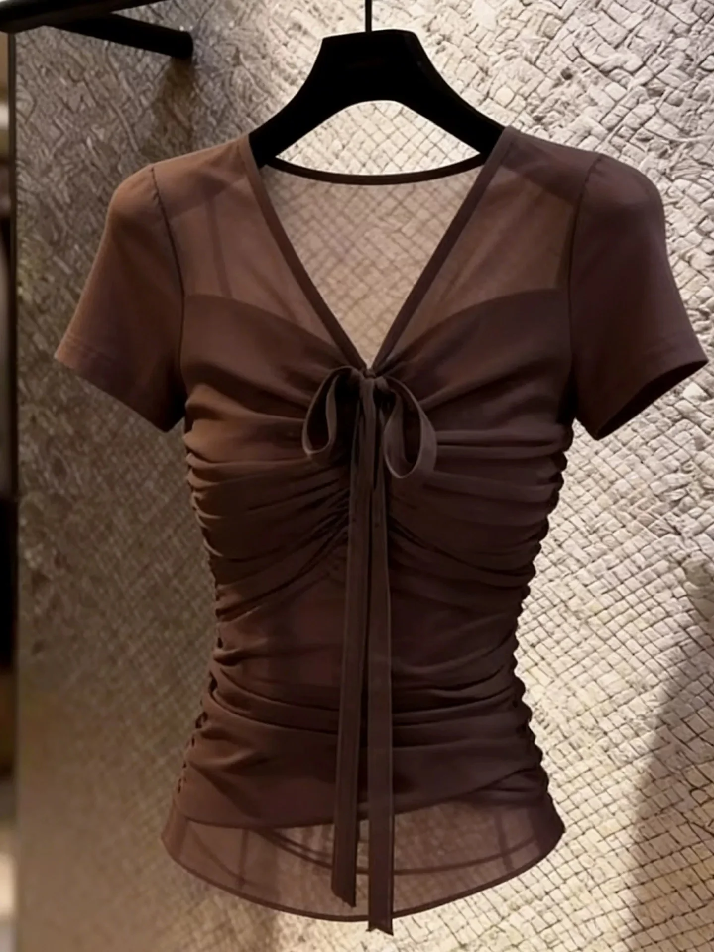 

French Style V-Neck Tie Waist Short Sleeve Women's Top Slimming Elegant Summer New Arrival Polyester Fiber Casual Wear