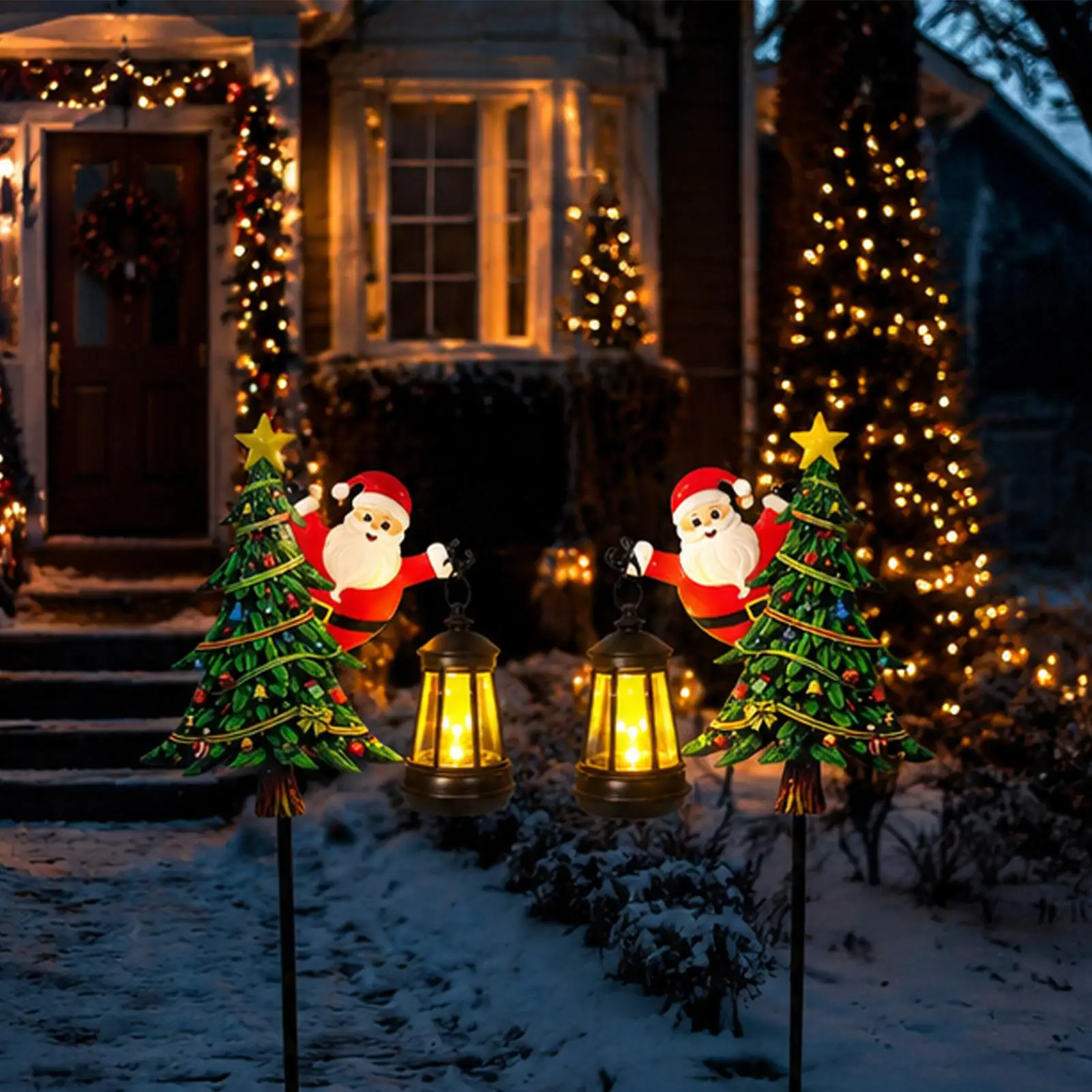 Solar Christmas Stake Lights Yard 2 Pieces Santa Tree Festive Path Lighting Decorative Pathway Lights For Homeowners Gardeners