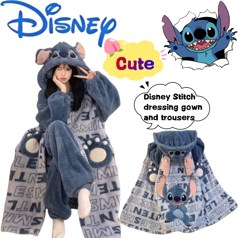 

Халат и брюки Disney Stitch, креативный высококачественный аниме-мультяшный принт, осенне-зимний утолщенный теплый фланелевой комплект домашней одежды