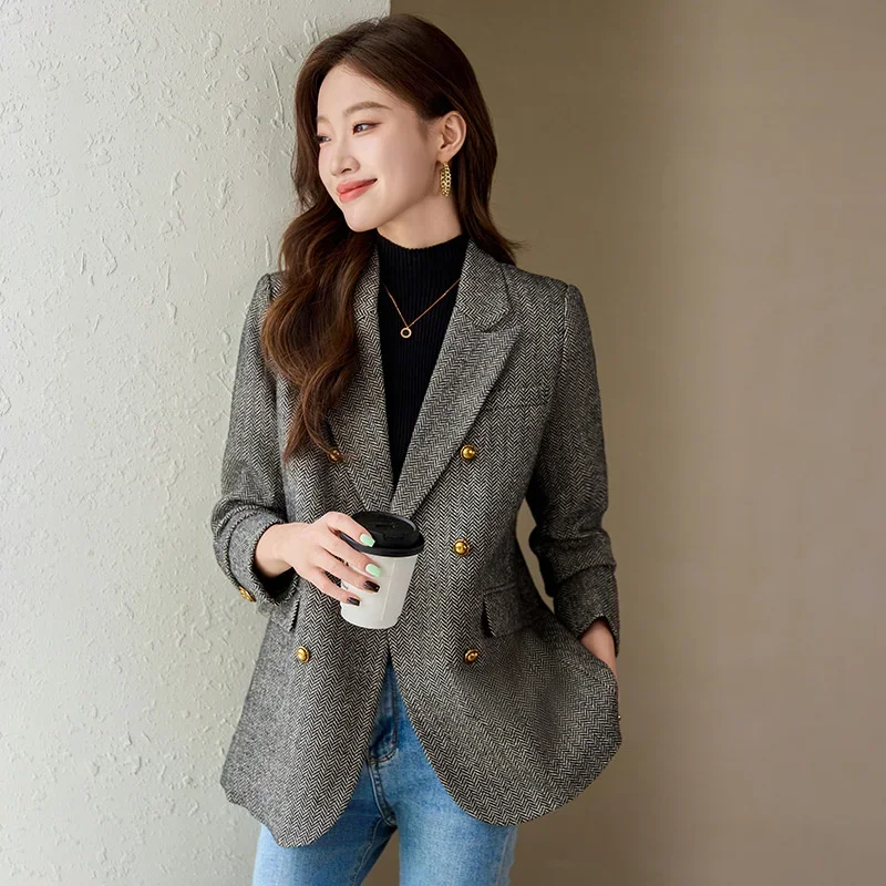 

Fashion Women Blazer Ladies Grey Coffee Long Sleeve Female Casual Jacket For Autumn Winter Double-Breasted Suit Female Outerwea