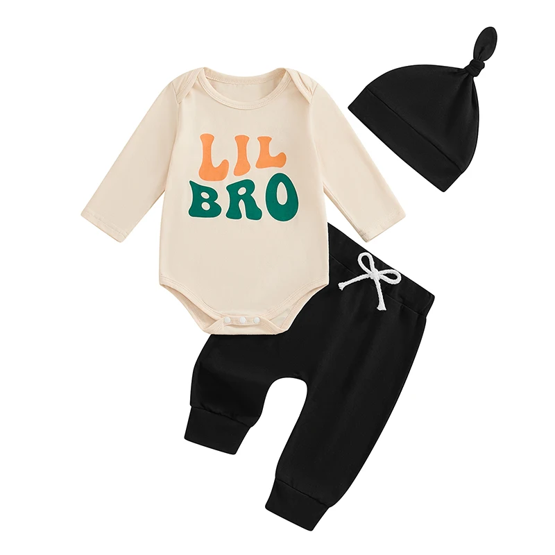 Newborn Boy Outfits Letter Print Long Sleeve Romper Elastic Waist Pants Hat 3 Piece Baby Boy Clothing Set