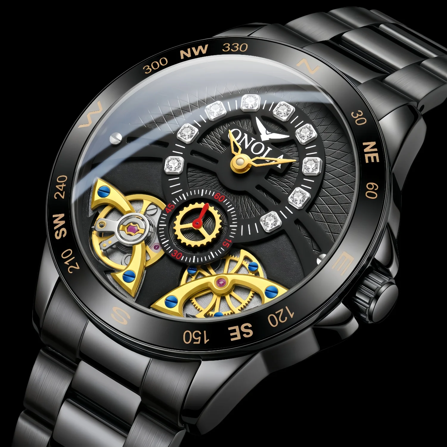 ONOLA Men's Mechanical Watch with Steel Strap Bezel, Double Rotor Skeleton Dial, Luxurious Business Banquet, Birthday Gift