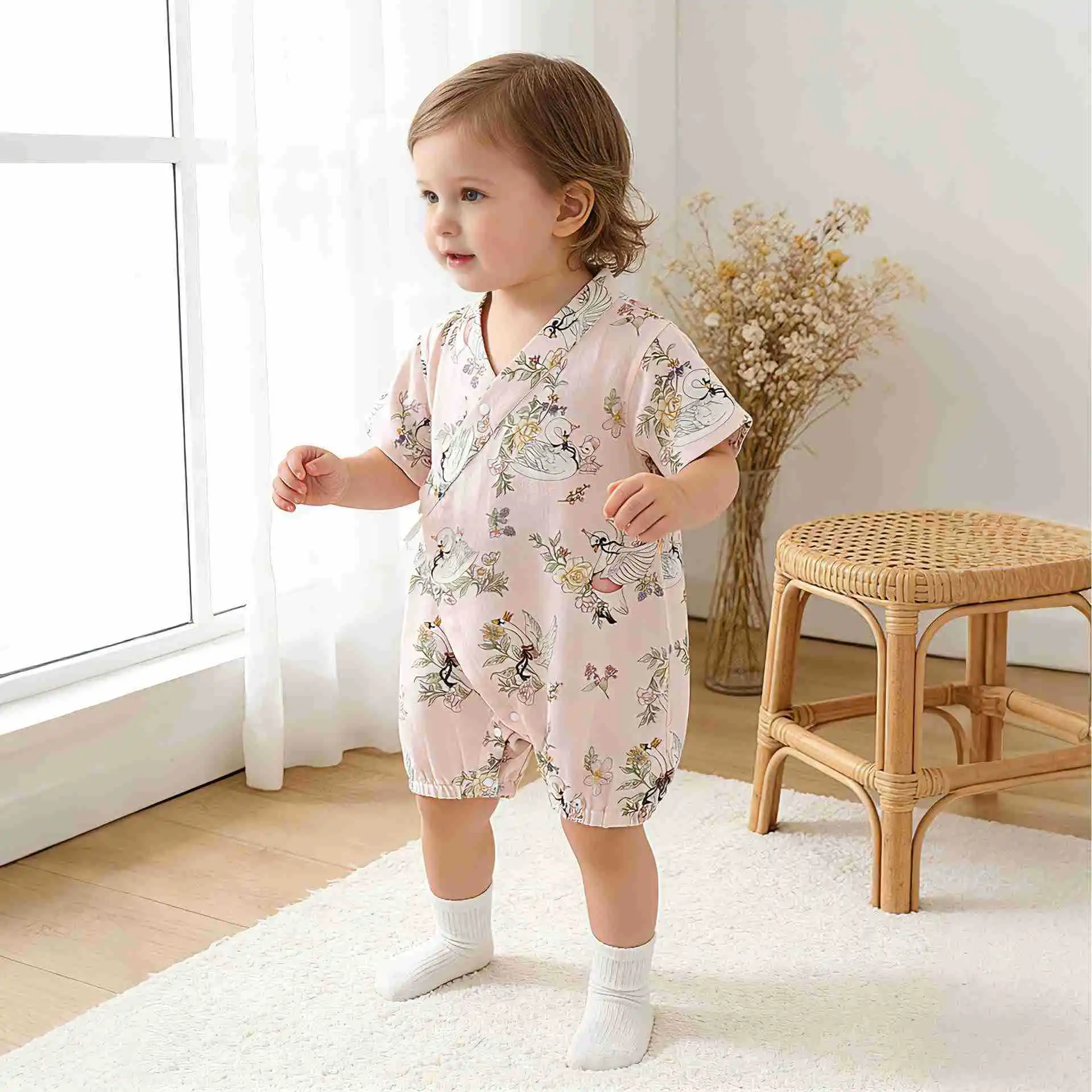 Summer A-level Cotton Short Sleeved Diagonal Jumpsuit for Boys and Girls Crawling Clothes Thin and Breathable Baby Clothes