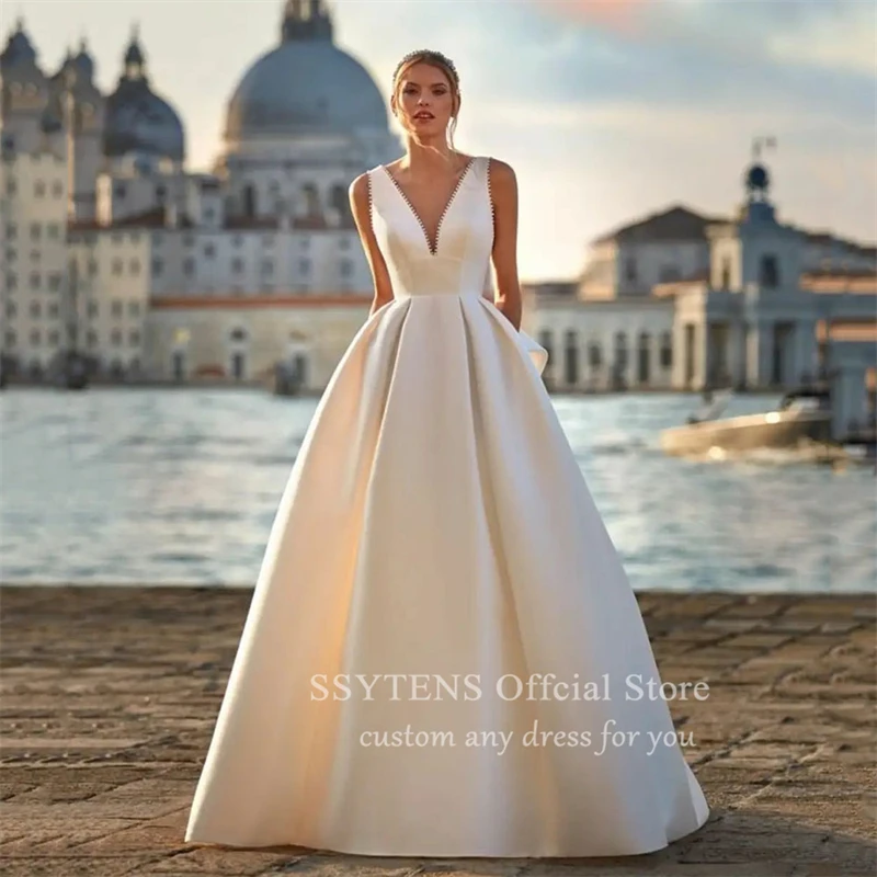 SSYTENS A Line Bride Dress Women V Neck Sleeveless Customized Sexy Backless Wedding Dresses Satin Pearls Elegant Bridal Gown