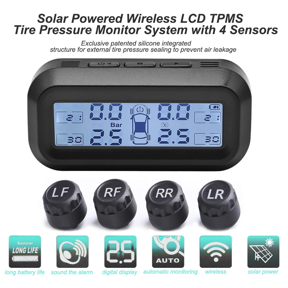 Solar Car TPMS Digital LCD Display Car Security Temperature Alarm Tire Pressure Monitoring System 4 External Internal Sensors