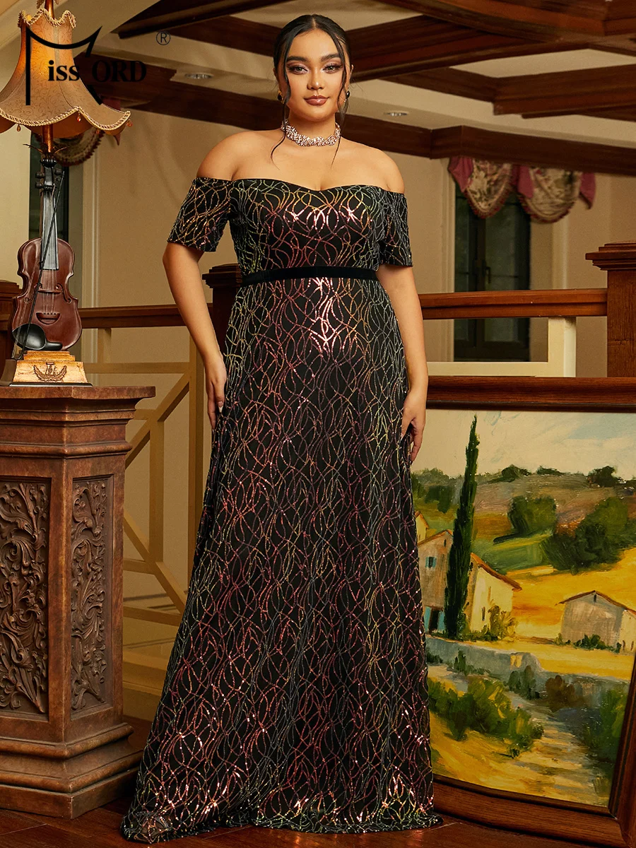 

Missord Plus Size New Black Off Shoulder Sequin Evening Gown Wedding Birthday Party Formal Occasion High Quality Luxury Dress