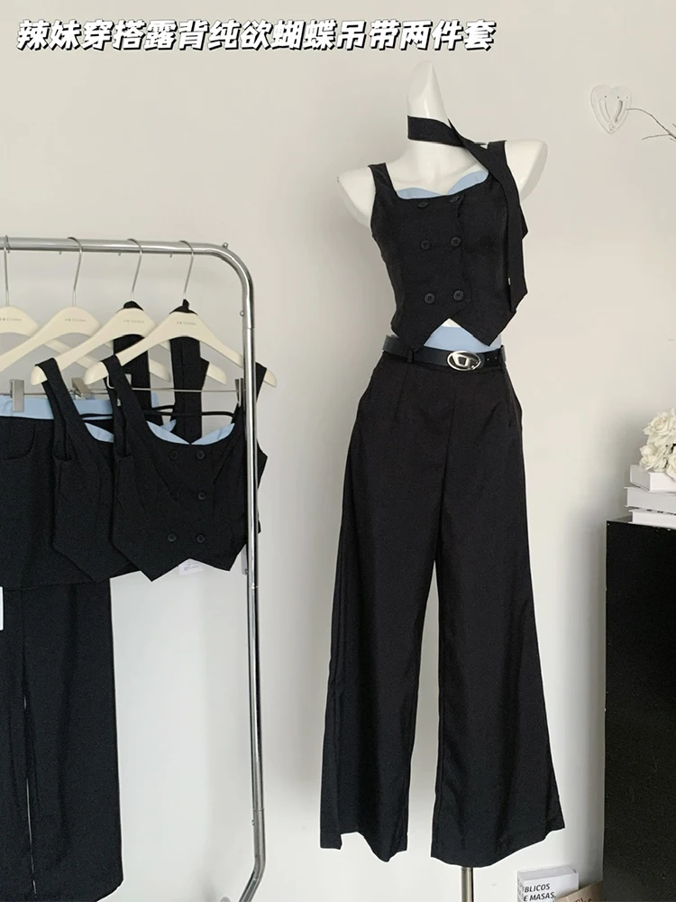 

Summer Women Vintage Old Money Office Lady 2000s Rave Club Outfits 2 Piece Pants Set Design Backless Bow Camisole + Long Trouser