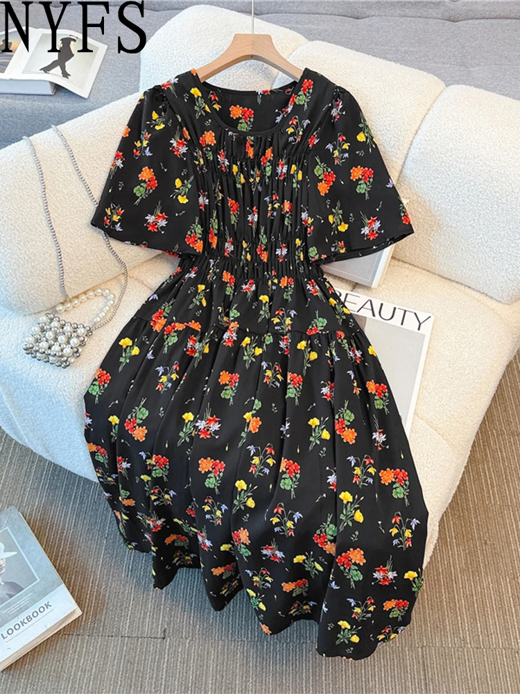 

NYFS 2025 Summer New Korean Woman Dresses Vestidos Robe Elbise Loose Plus Size Short Sleeve High waist Flowers Long Dress