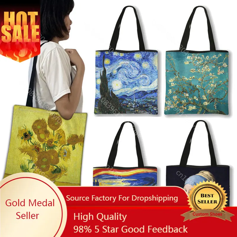 

Van Gogh Painting Women Canvas Shoulder Bag High Capacity Tote Bag Aesthetics Shopping Bags Cotton Handbags Books Bag For Girls