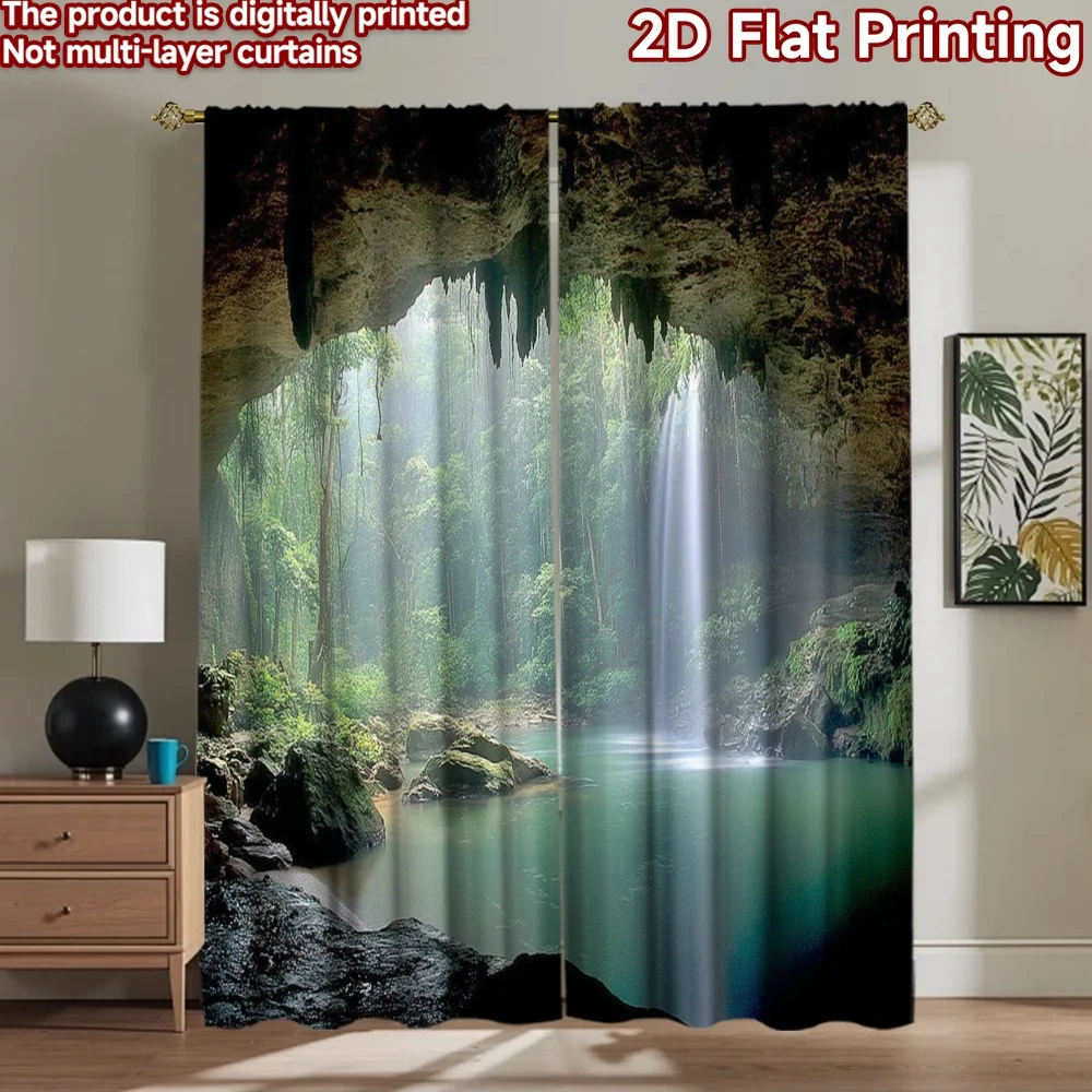 

2D flat printing 2pcs Window Curtains Cave Waterfall Forest Nature Digital Printed Polyester Drapes Seasonal Party & Holiday