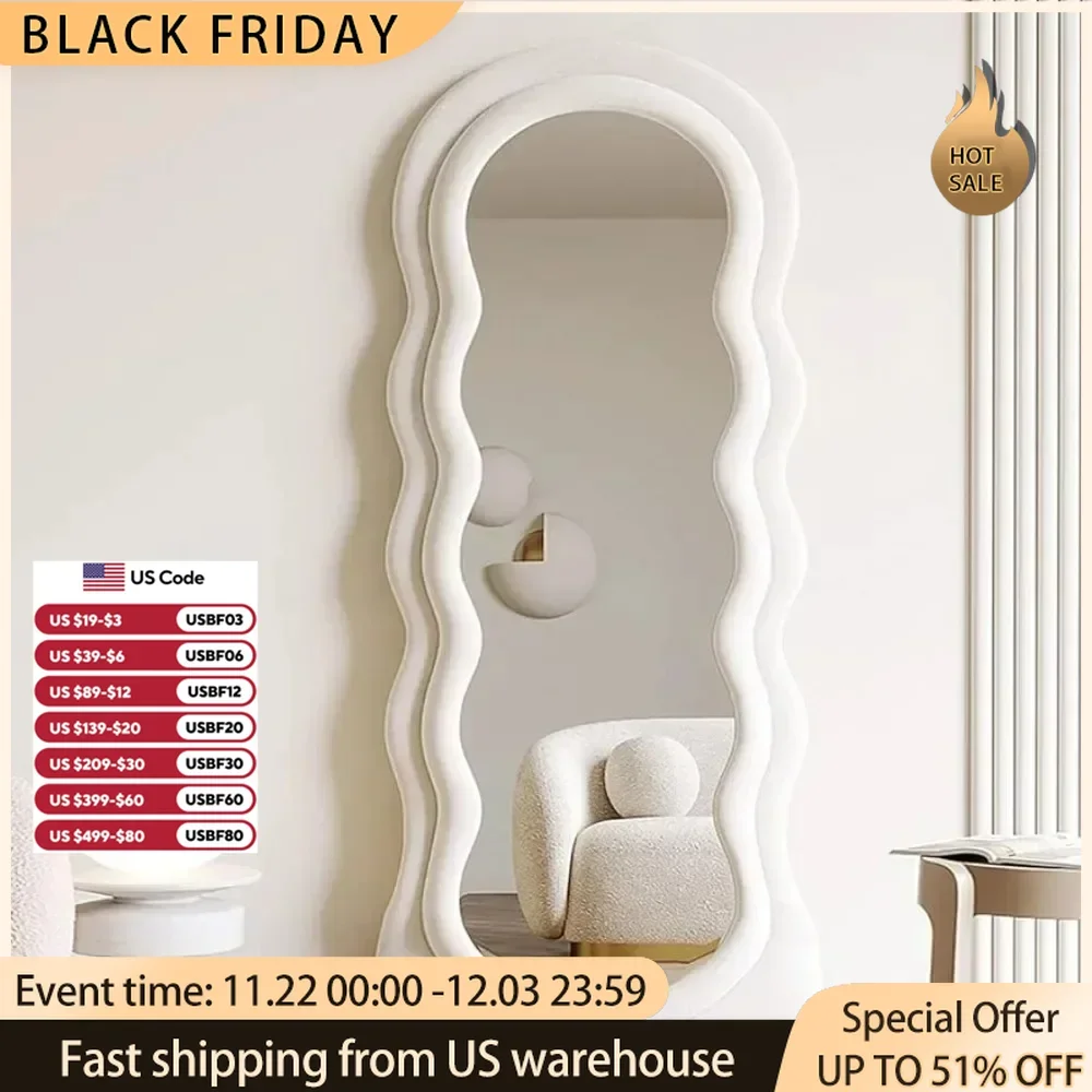 Arched Top Large Mirror Full Body With Lights Flannel Frame Fashion Modern Design Wavy Wall Mirror Standing Living Room Home