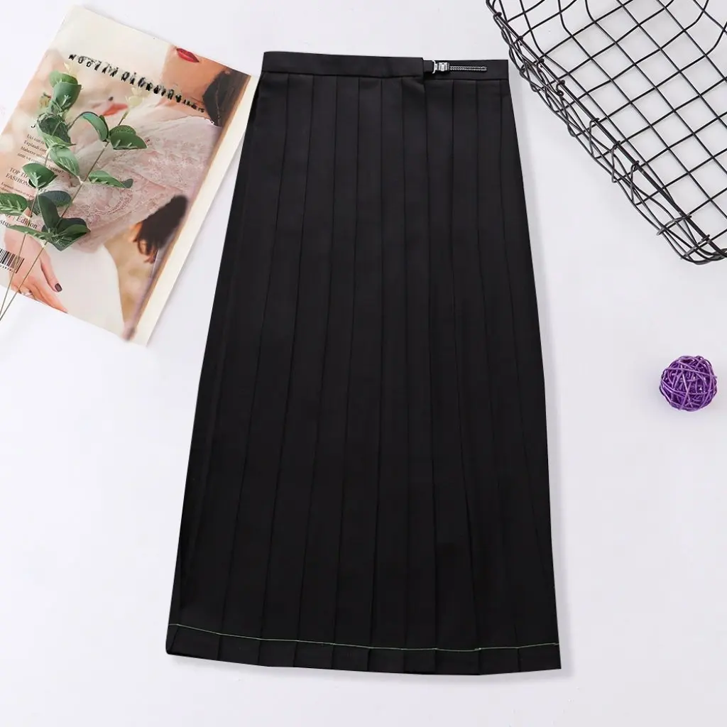 

Japanese College Solid Color Pleated Skirt High Waist with Pocket Orthodox JK Uniform Long Skirt for Students