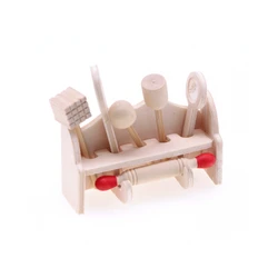 Rodillo de madera en miniatura para casa de muñecas, 7 piezas, estante de almacenamiento de utensilios de cocina de simulación, accesorio de decoración para escena de comedor para niños