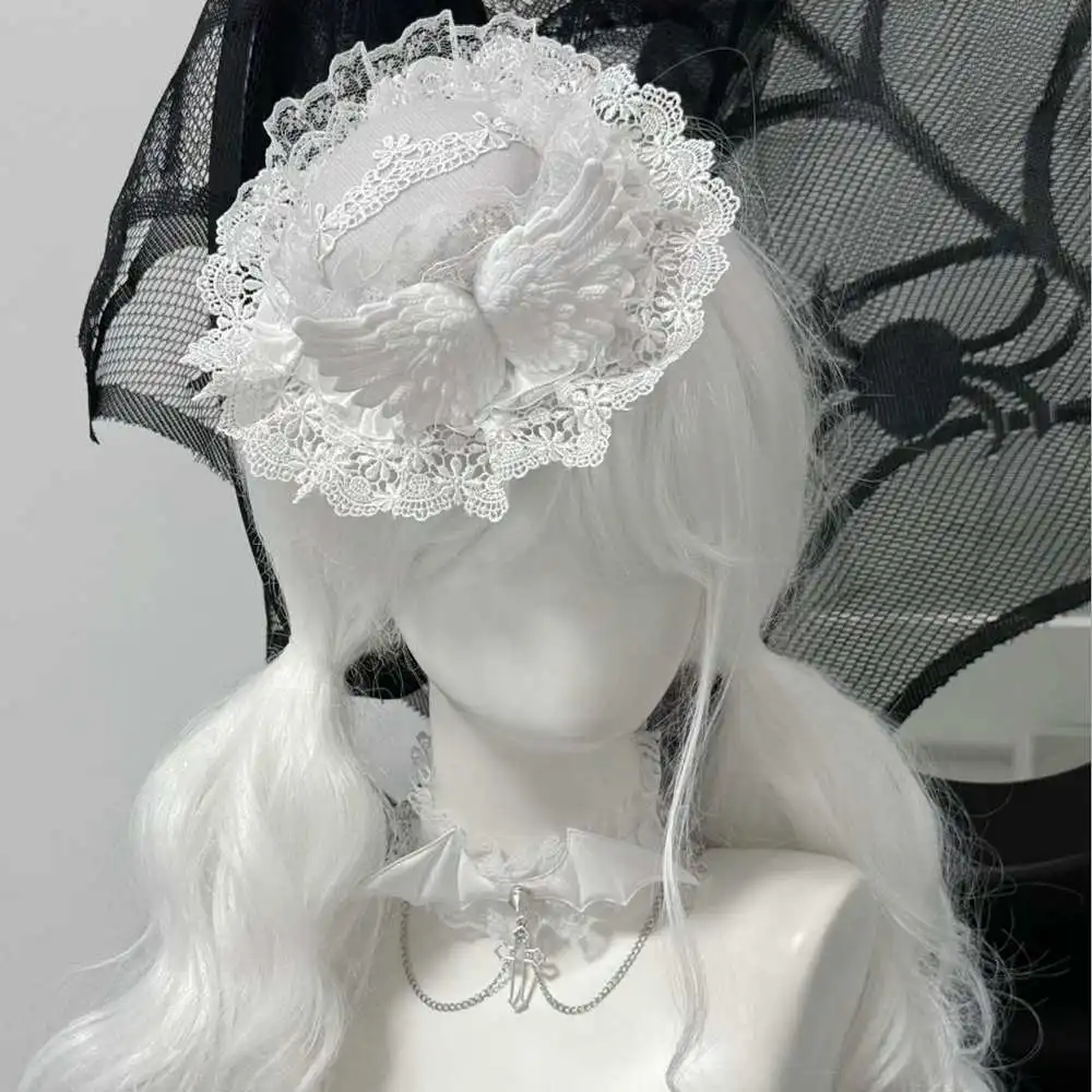 

Handmade Gothic Elegant Lolita Mini Hat With White Angel Wing Sweet Hair Accessory Women Fashion Subculture Headwear