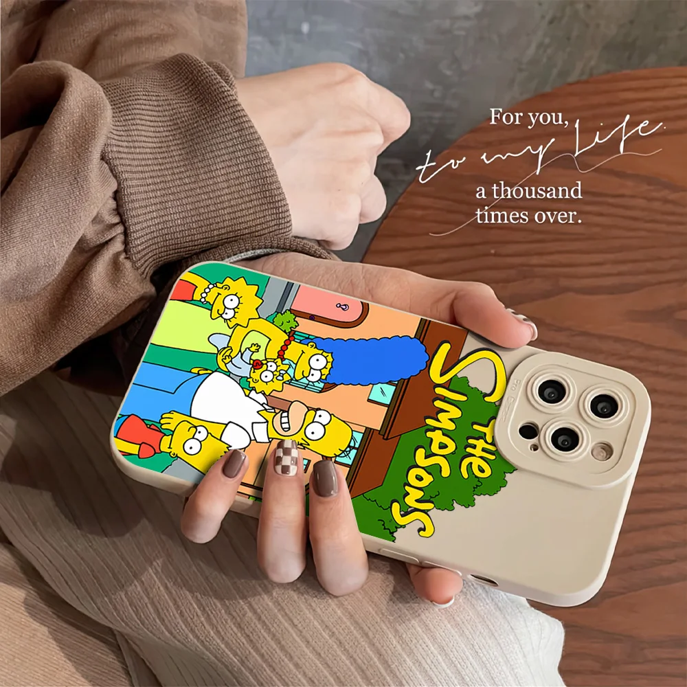 MINISO Disney The Simpsons Phone Case For iPhone 16 15 14 13 12 11 Pro MAX Plus Khaki Velvet Lens Protective Soft Back Cover