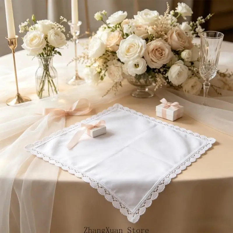 White Cotton Lace Trim Handkerchief Set for Daily Wiping, Wedding and Carry Use 3XUF