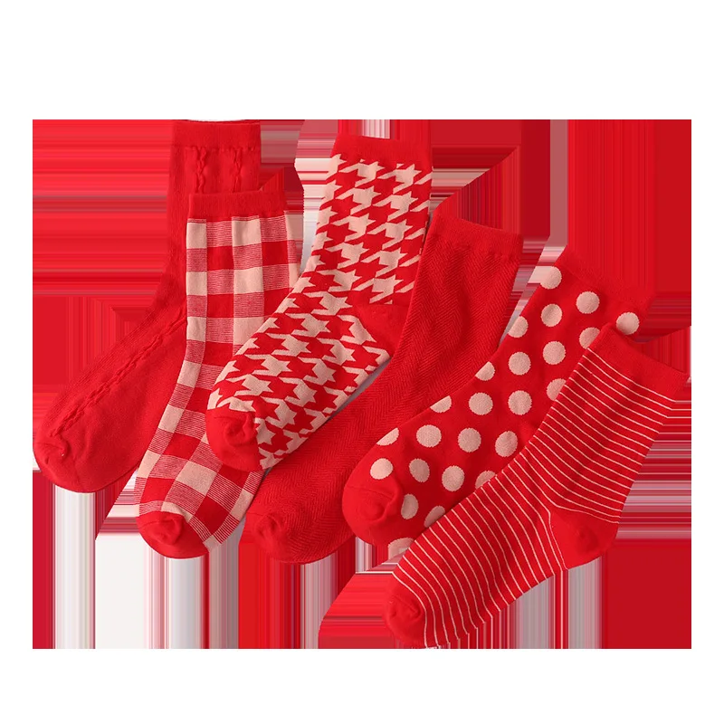 Bright Red Zodiac Year New Year Mid-calf Socks For Women Cotton Checkered Dot Couple Style Wedding Autumn And Winter Long Socks