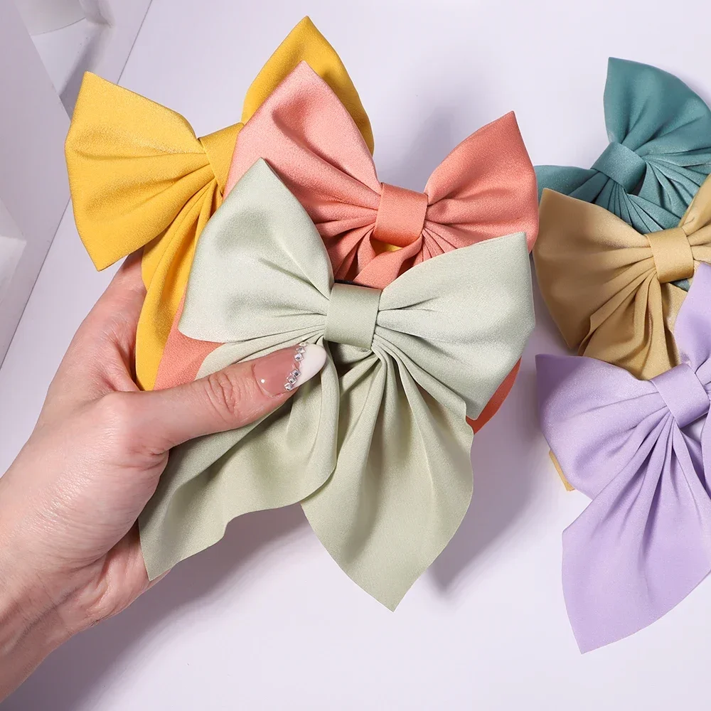 New Sweet Bows Hairpins Solid Color Bowknot Hair Clips For Girls Satin Butterfly Barrettes Duckbill Clip Kids Hair Accessories