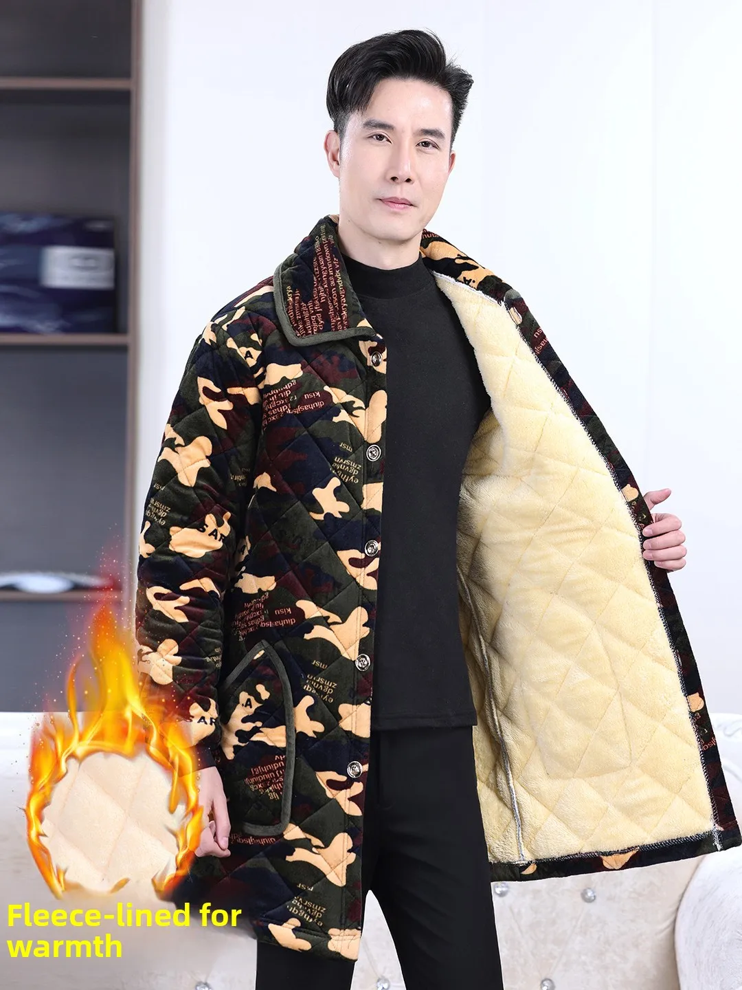 Men's Thiened Fce Lined Cotton Jaet Winter Warm Loose Anti-soil Large Size Coat Faionable Urban Sle Long Sve Bu...