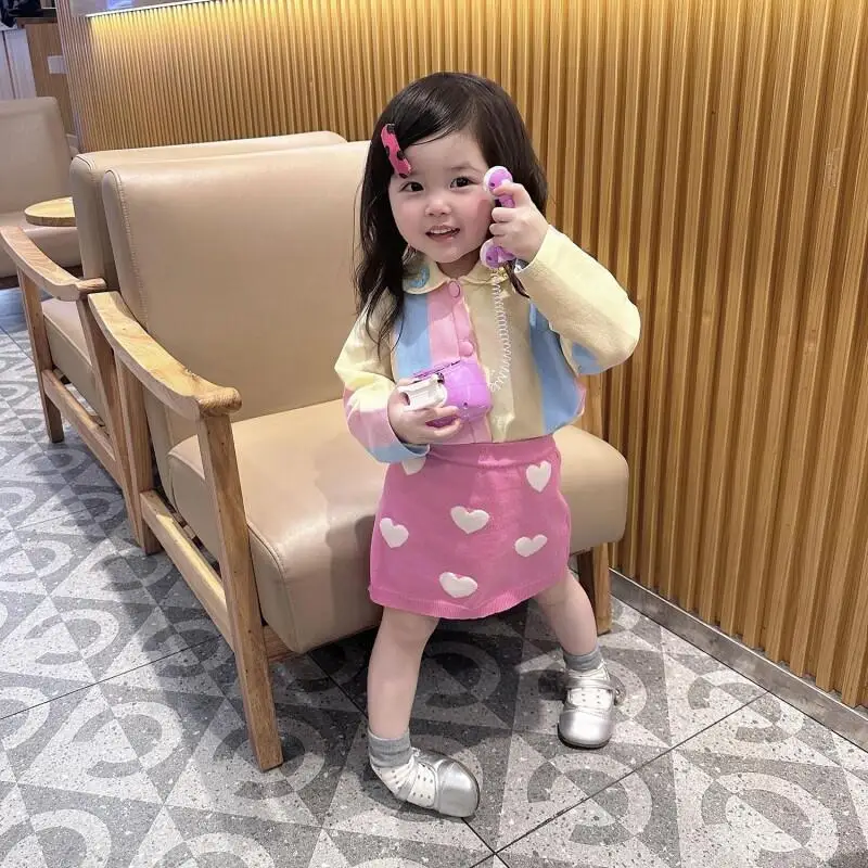 Children's Clothing New Style Knit Cardigan And Heart Knit Skirt For Girls And Baby Girls Spring Korean Vibrant Colorful Stripes