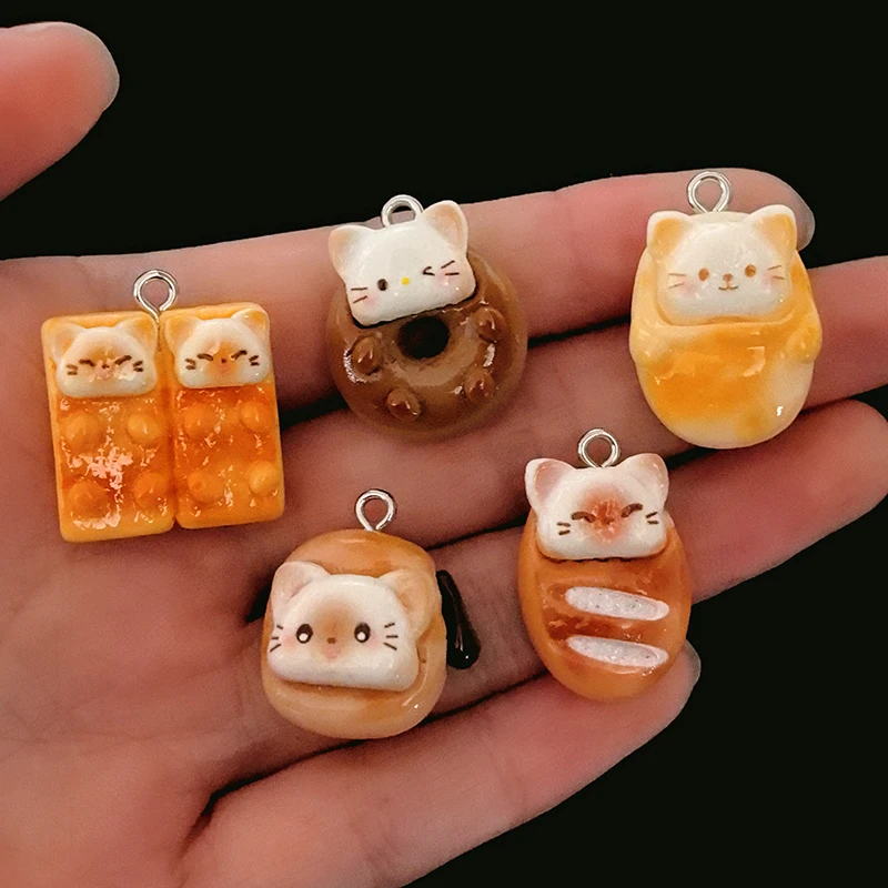 10 قطعة/الحزمة القط شكل دونات الخبز الراتنج السحر لطيف الغذاء القرط قلادة قلادة هريرة المفاتيح صنع المجوهرات DIY الإكسسوارات