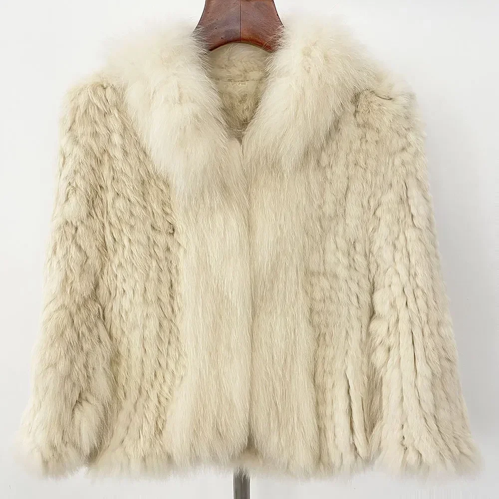2025 femmes hiver réel manteau de fourrure de lapin col de renard naturel tricoté châle veste de fourrure 2025 hiver nouveau manteau de fourrure de lapin réel naturel