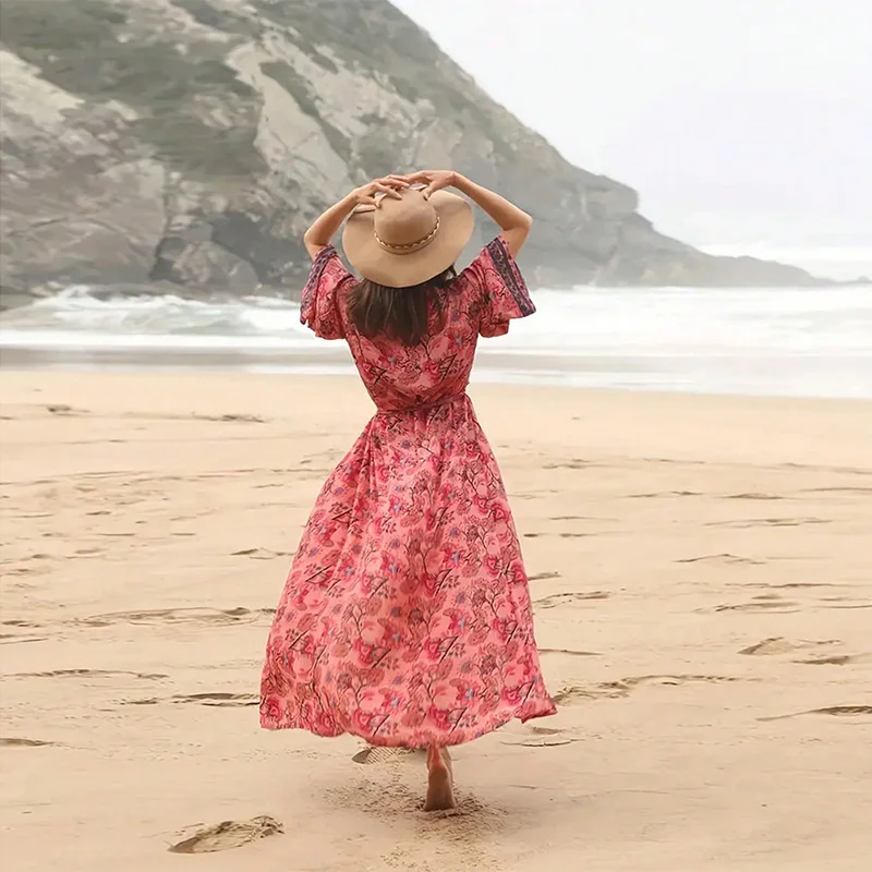 European and American Retro Loose Mid-Length Bohemian Style Printed Kimono Cardigan Summer Beach Vacation Plus Size Cover-Up Bikini Swimsuit Outerwear Tie-Up One-Piece Robe