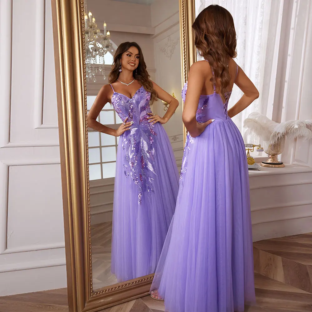 Luxury Beaded Evening Gowns For Women Formal Tulle V Neck Prom Dresses 2024 Long Ball Gown Birthday Party Gown Graduation