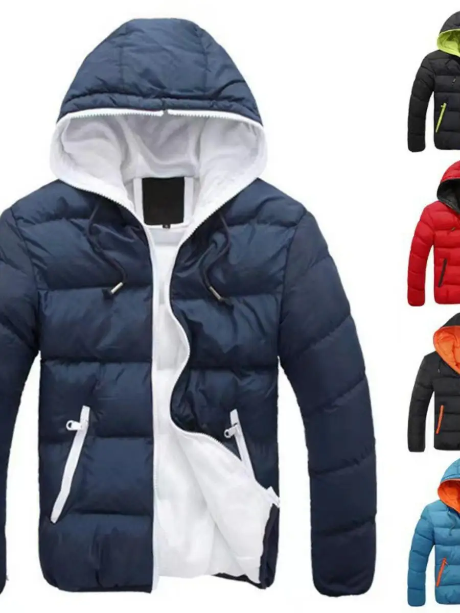 

Men's Winter Thiened Cotton Jaet Casual Hooded Coat Trendy Long Zipper Color Blo Design Comfortable Leisure Outerwear