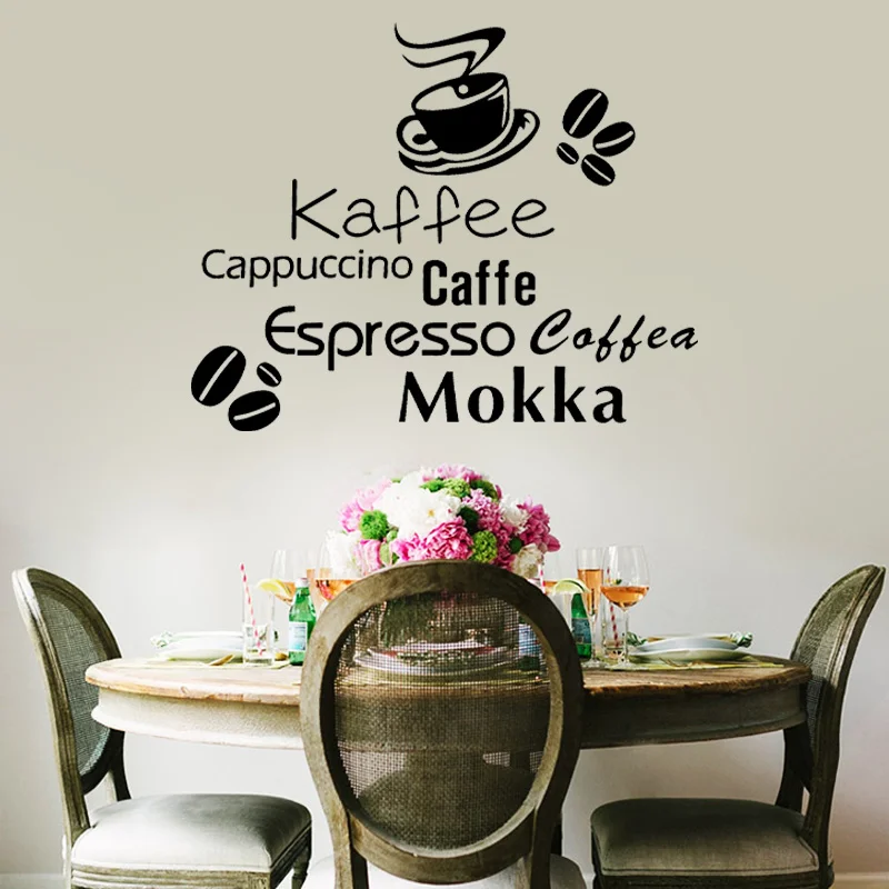 Kaffee Espresso Coffea Cafe Quotes Wall Sticer Vinyl Coffee Shop Kitchen Decoration Decals Cafe Cup Coffee Beans Murals D583