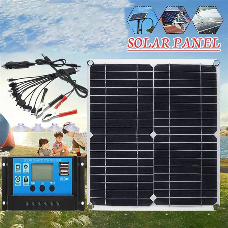 

12V Portable Solar Panel Kit 2 USB Charger Port With 60A Solar Charge Controller Off Grid Monocrystalline Module