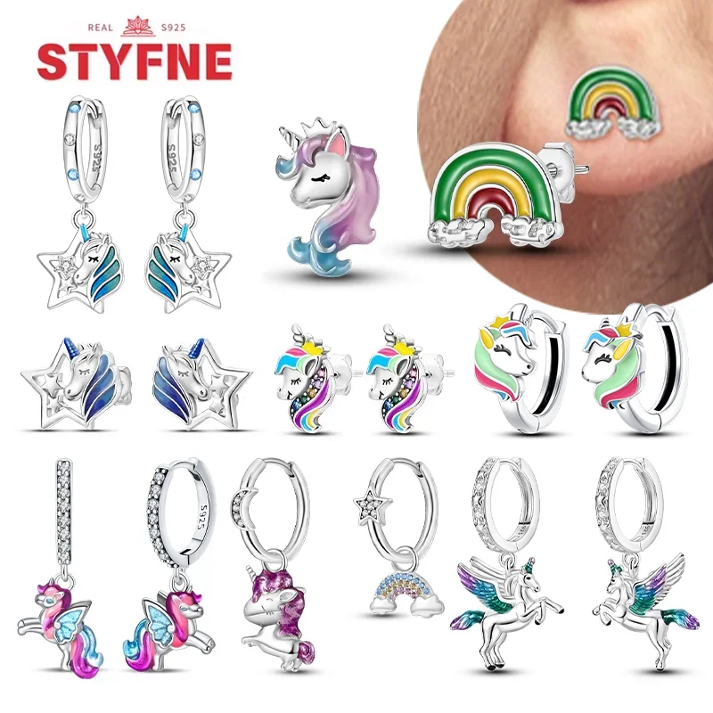 

925 Sterling Silver Animal Unicorn Dinosaur Rainbow Original Hoop Earrings Luxury Delicate for Women Girl Fine Jewelry Gifts