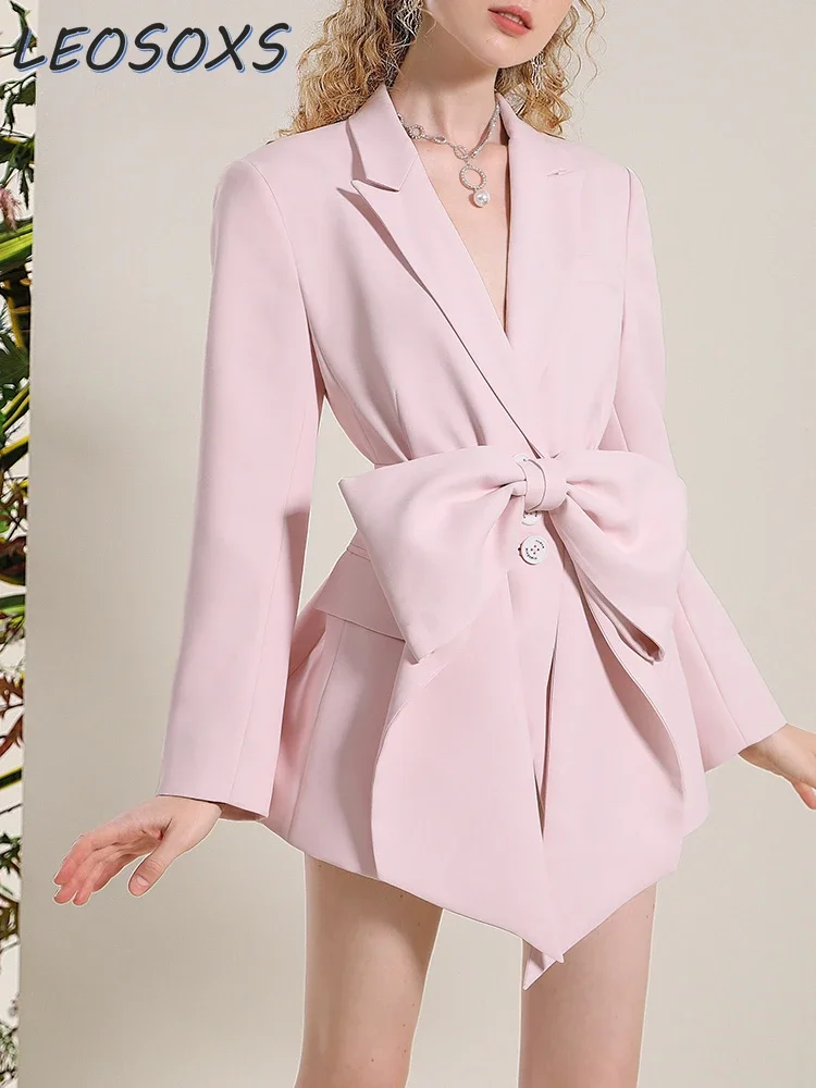 Sweet Pink Suit Jacket 2023 Autumn New Luxury Big Bow Waist Mid-Length Suit Blazer Jacket Elegant Business Ol Coats Dress Femme