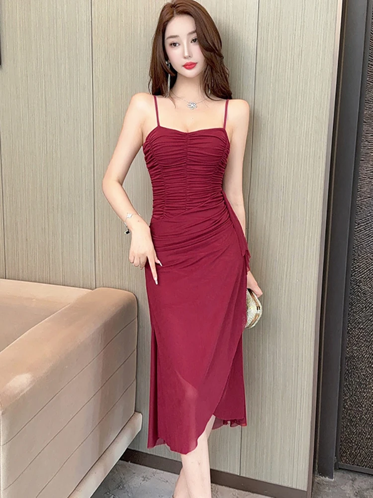 2025 Red Mesh Pleated Bodycon Sling Sexy Long Dress Summer Elegant Casual Ruffled Prom Dresss Women Korean Vintage Evening Dress