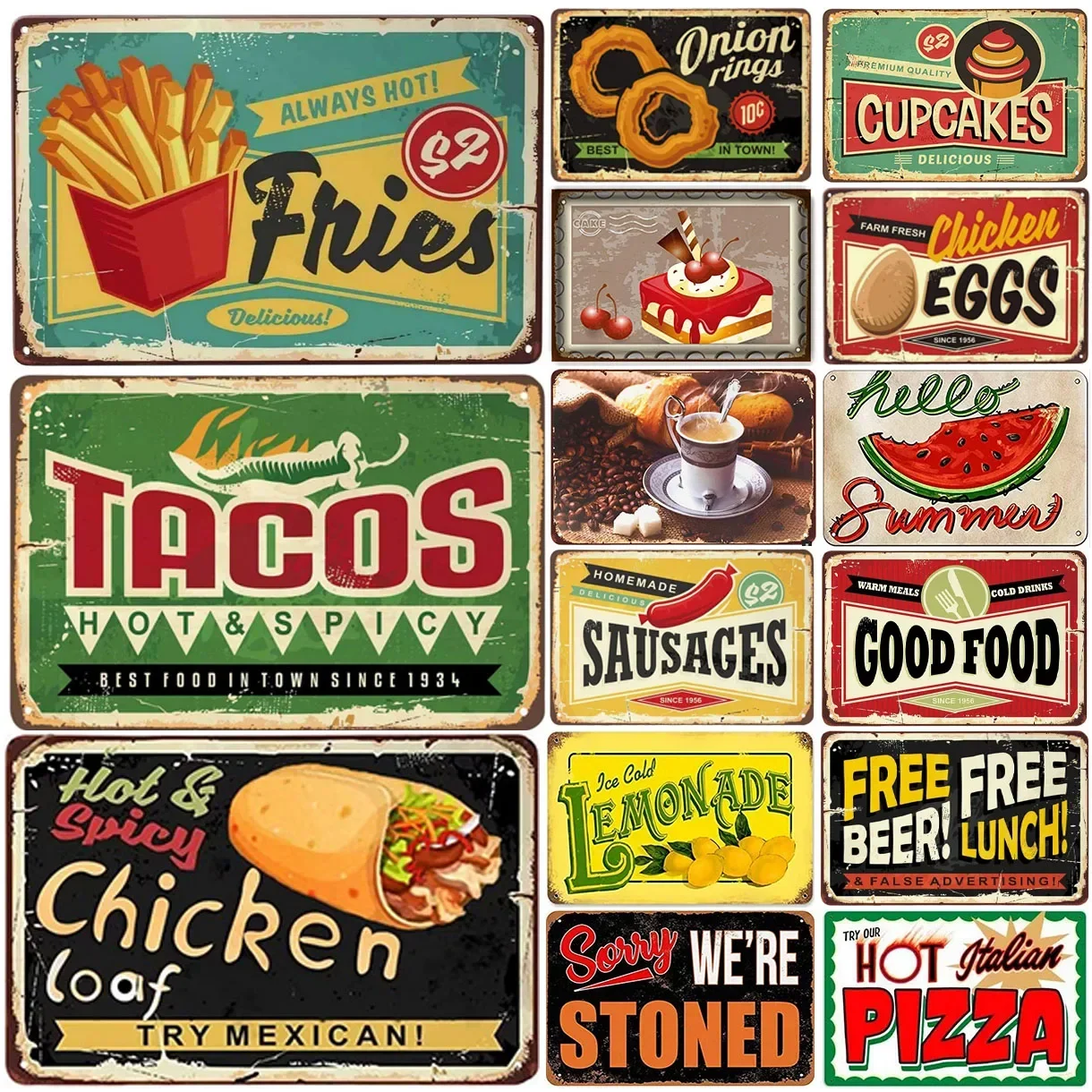 Vintage Metal Tin Signs  Fries Tacos Cake Wall Decor  Retro Iron Painting Posters for Man Cave Home Cafe Garden Club Bar  Unique