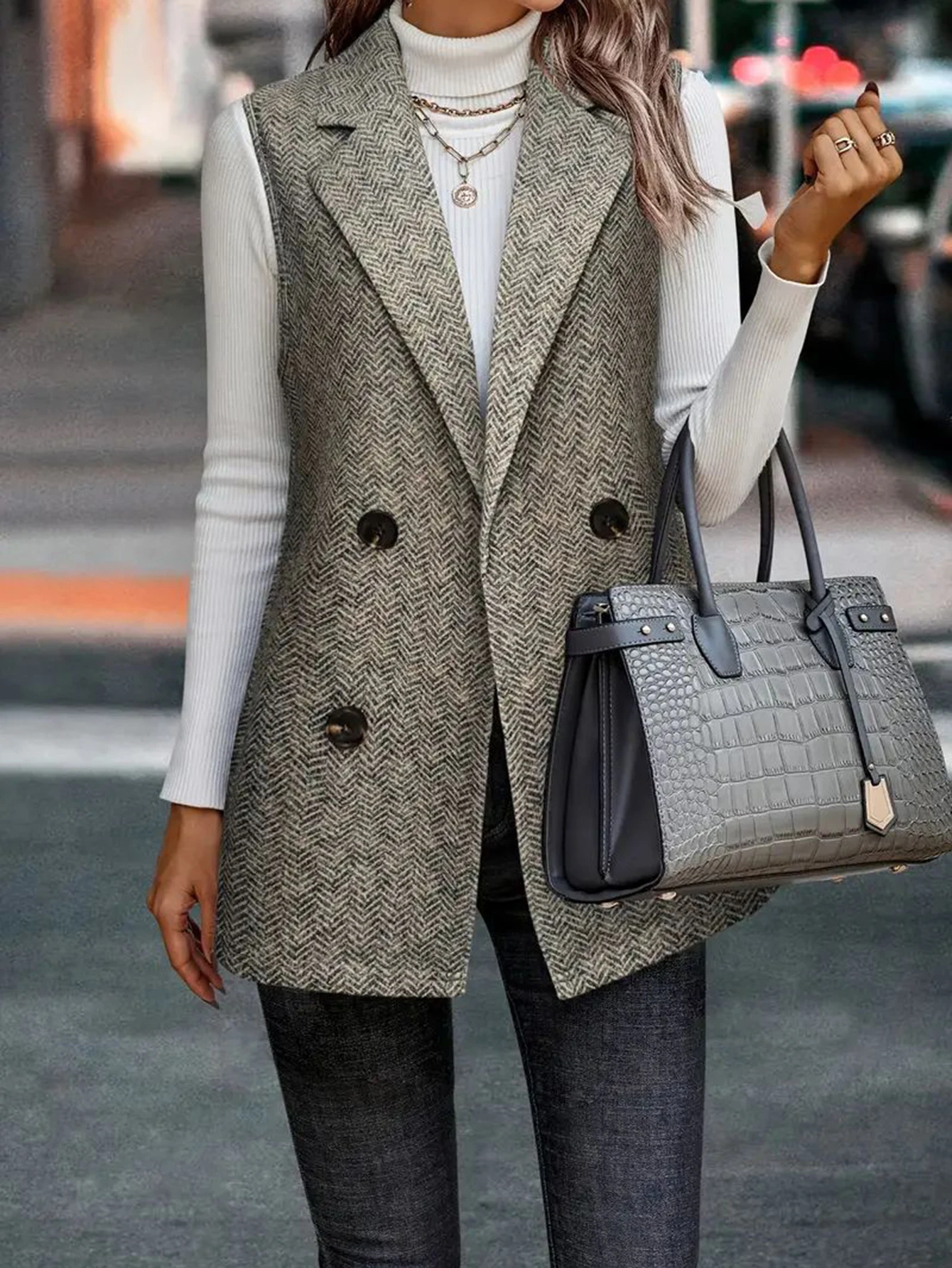 سترة كاجوال برقبة دائرية بدون تزيين ملابس خارجية عصرية بدون أكمام لربيع الخريف والشتاء