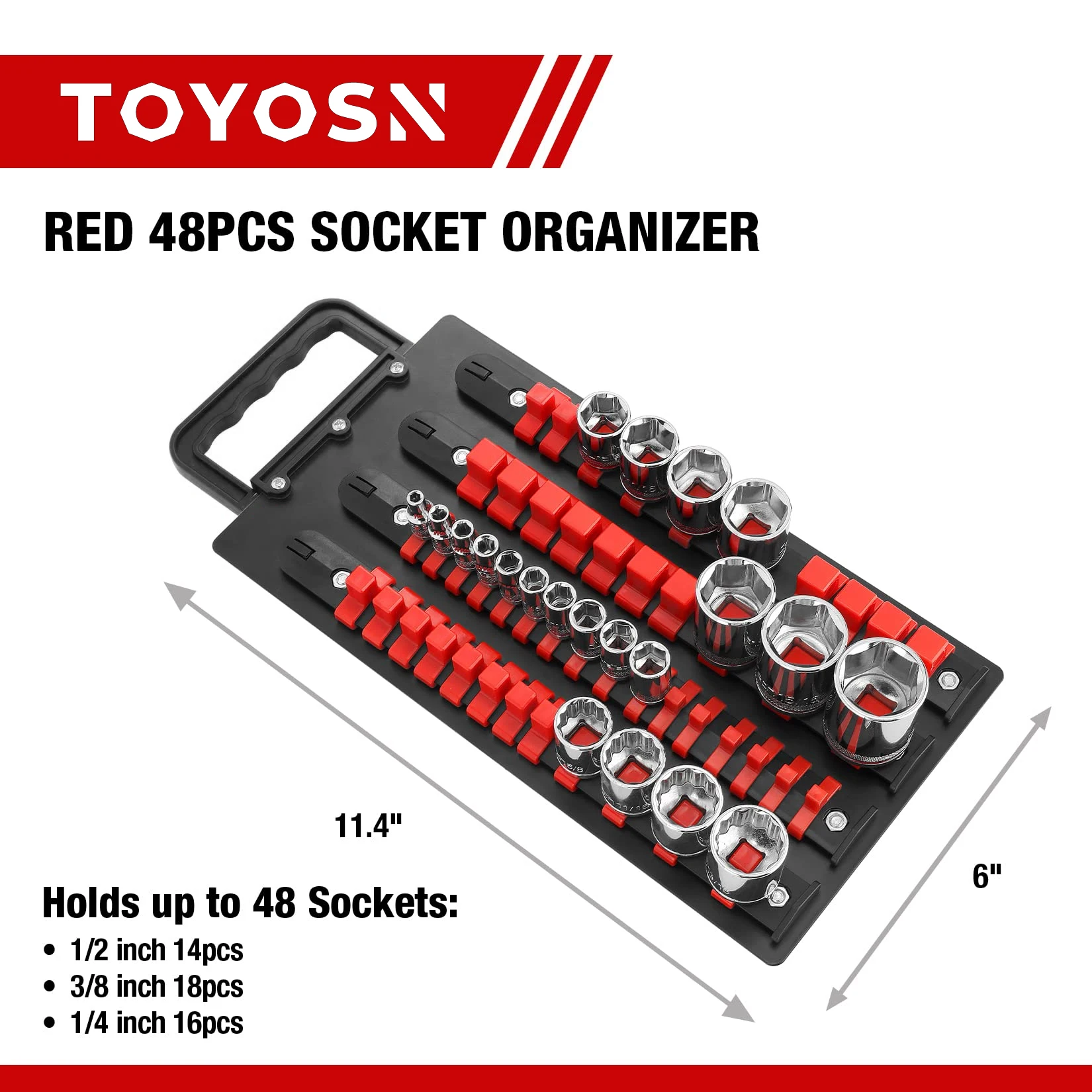 48Pcs Portable Socket Holder with Handle, ABS Socket Tray Wall and Tool Cart Mounted, 1/4” 3/8” 1/2