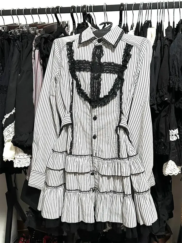 Vintage Gothic Striped Midi Dress Women Y2K Slim Fit Black Lace Punk Streetwear Elegant Night Out Party Chic Casual Outfit