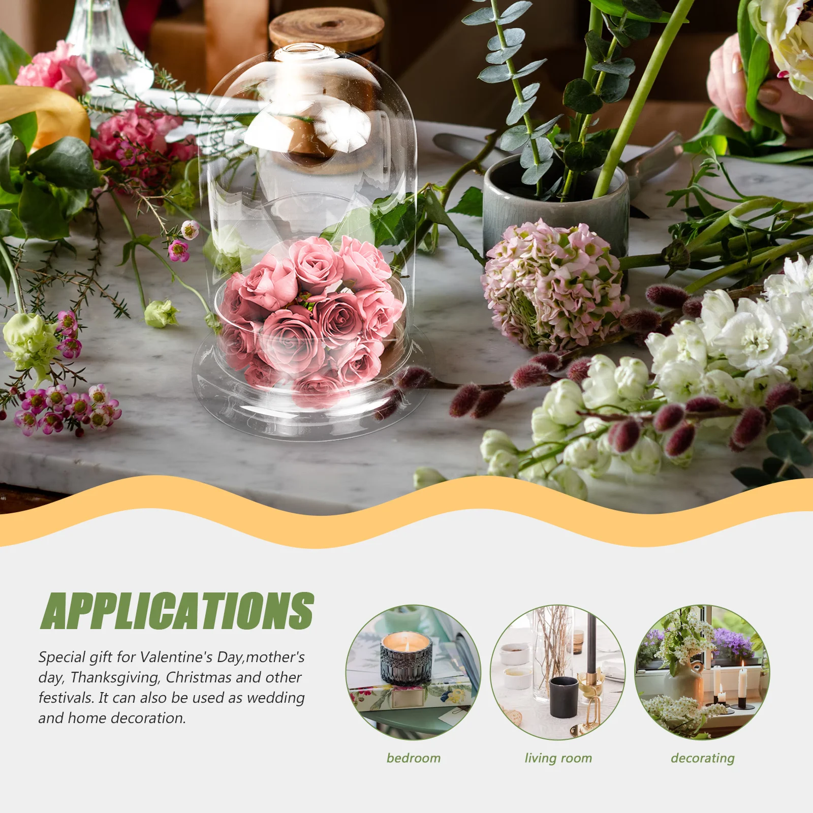 

1Set Clear Glass Display Bell U Shape Cover for Artificial Plants and Silk Flowers, Elegant Crafted Dome for Wedding Home