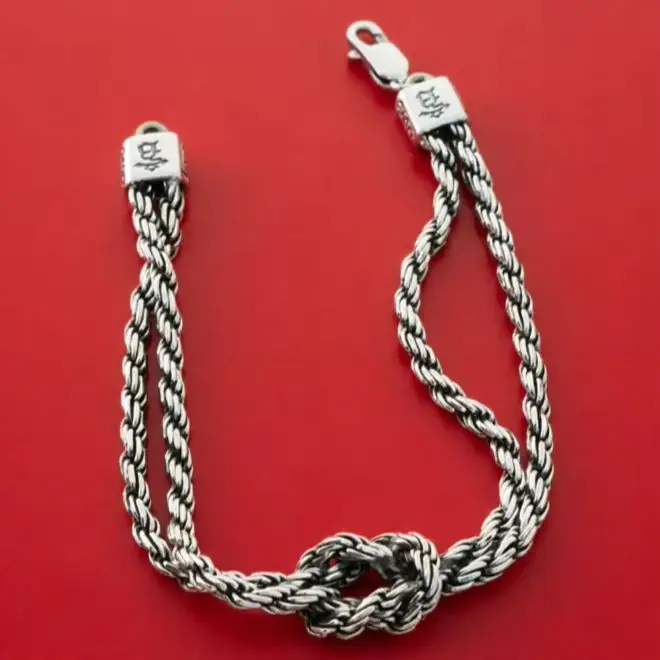

China-Chic Woven Silver Bracelet Men's Retro Fashion INS Small Couples Sterling Silver Hand Rope Concentric Knot Headwear Fashio