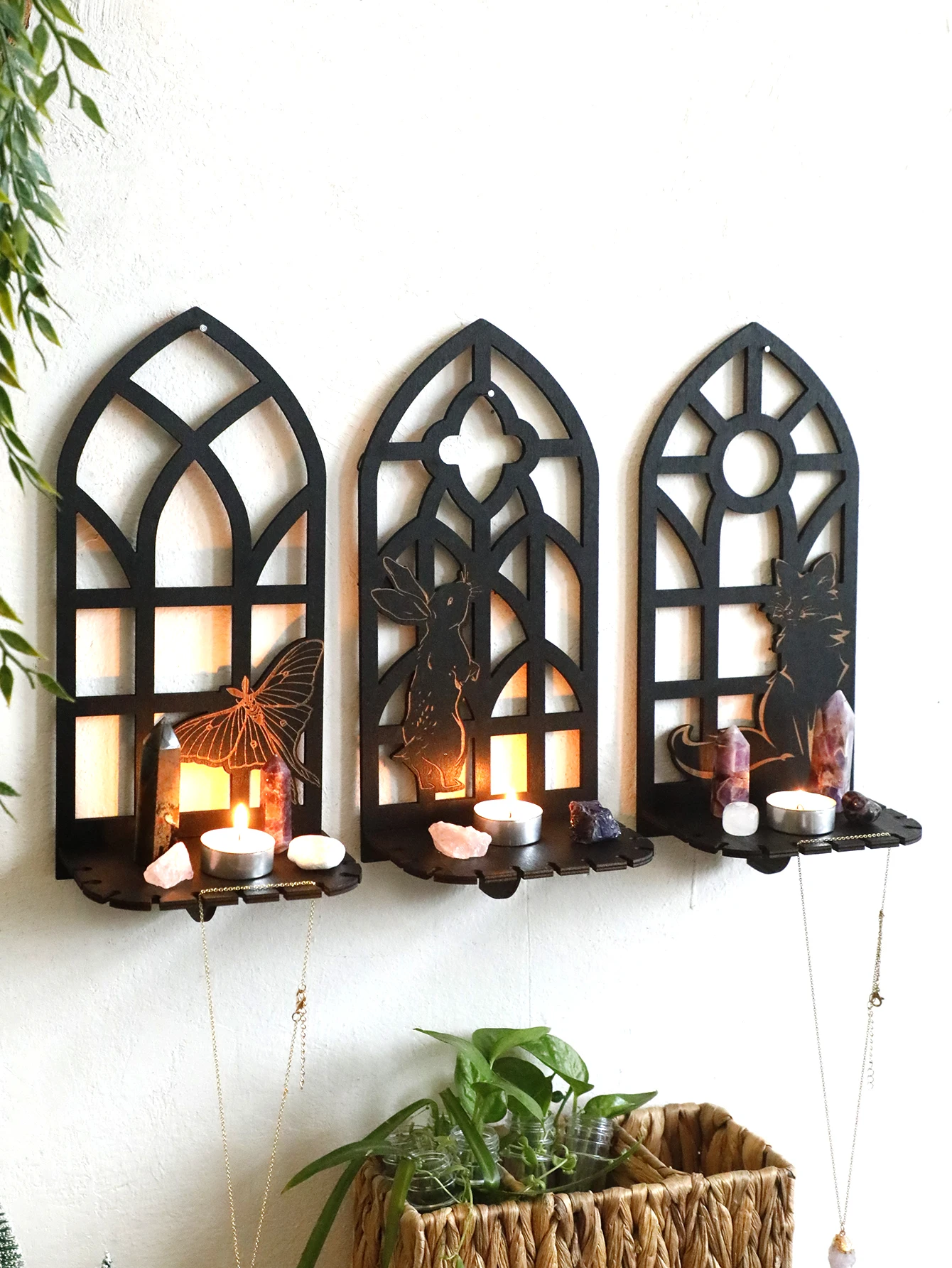 Gothic Black Wooden Wall Shelf Butterfly Rabbit Fox Wall Hanging Crystal Shelves Bedroom Display Stands Ledge Living Room Decor