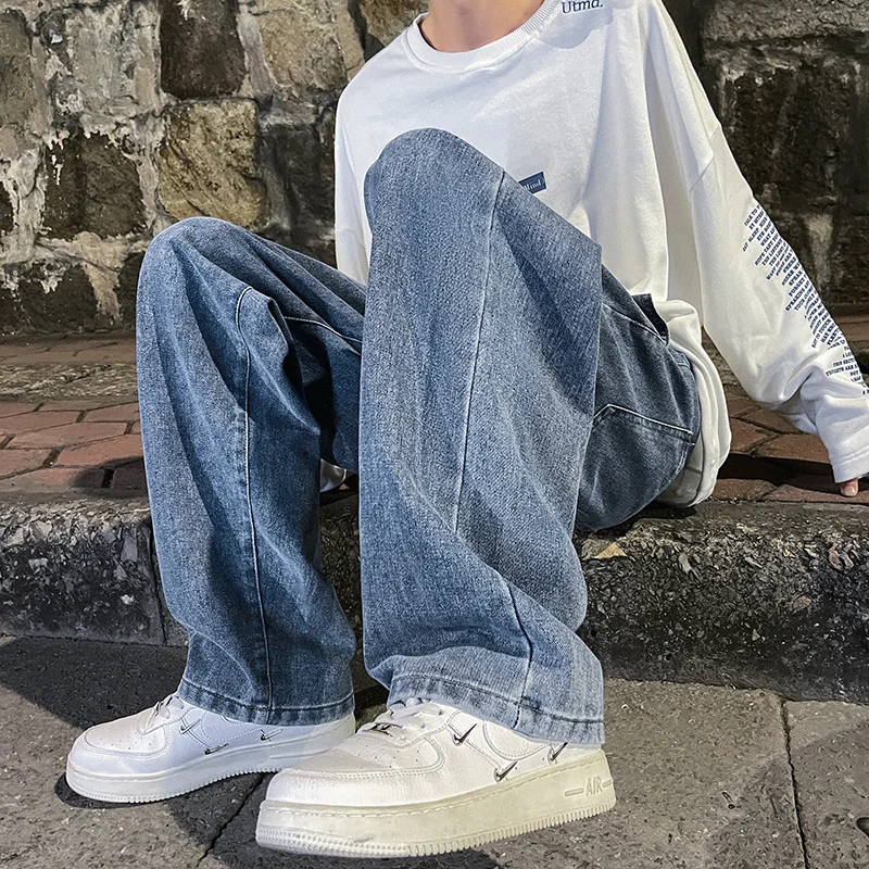 2024 New Streetwear Baggy Jeans Men Korean Fashion Loose Straight Wide Leg Pants Male Brand Clothing Black Light Blue gray Jeans