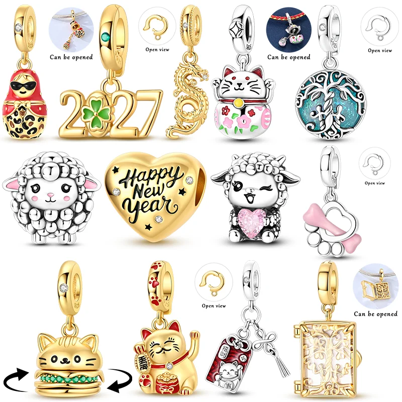 925 Sterling Silver Leopard Print Nesting Doll Charms Bead CZ Zircon Four Leaf Clover Dangle Fit Original Bracelet DIY Jewelry