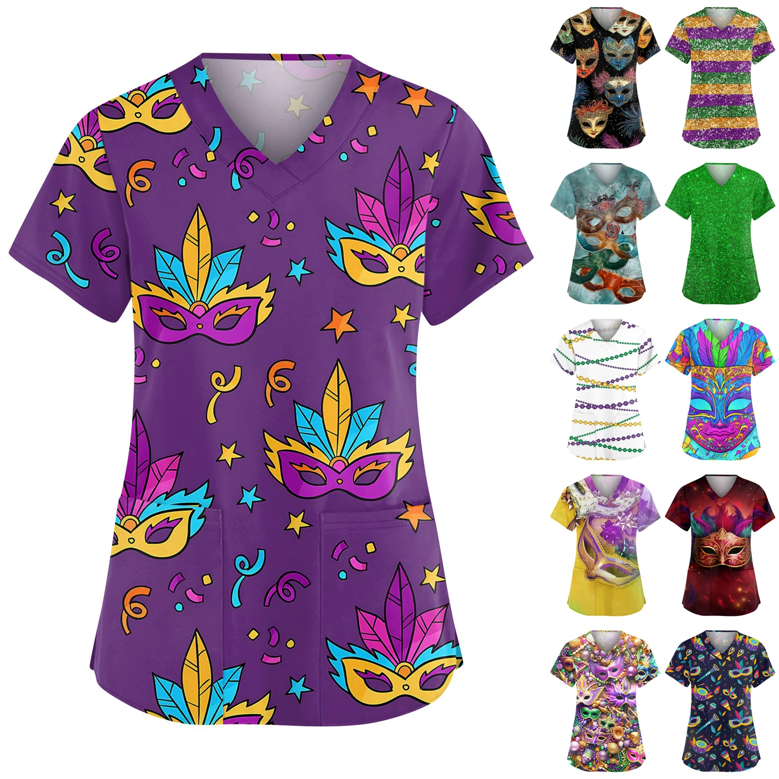 Vêtements de travail de protection imprimés de carnaval, col en v, manches courtes, poche latérale, fente latérale, haut à la mode pour dames